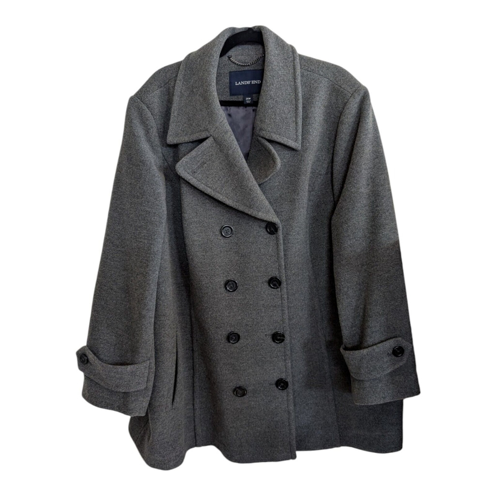 LANDS’ END Women's Gray Classic Pea Coat Double Breasted Wool Blend Size 26W